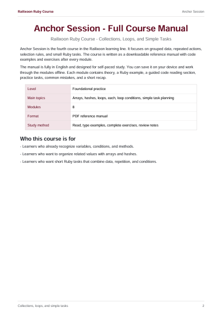 A digital preview page of the 'Anchor Session - Full Course Manual' for the Railoakn Ruby Course, showing text descriptions and a feature table on a white background.