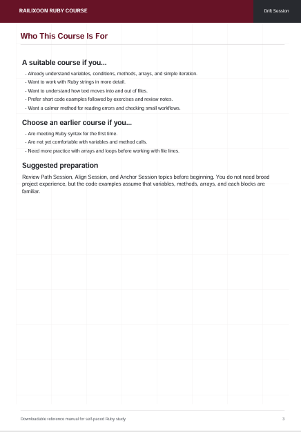 A printed or digital course information page for a Ruby course, titled 'Who This Course Is For' under the Railsjon Ruby Course branding. The page contains bullet points about suitability, choosing an earlier course, and suggested preparation on a white background.