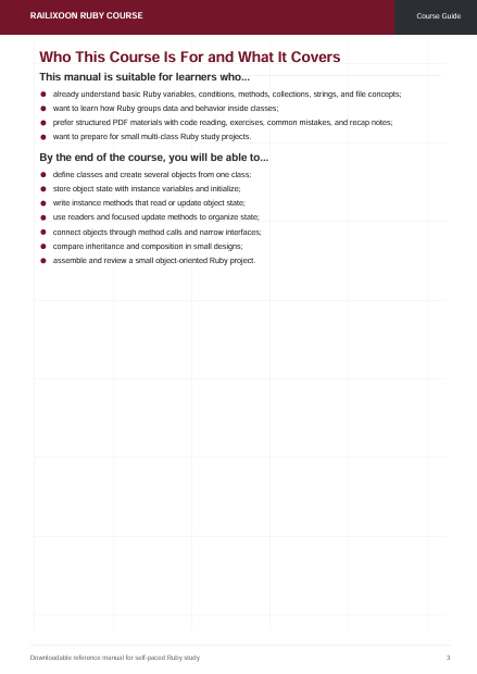 A page from a Ruby course study guide titled 'Who This Course Is For and What It Covers' with bullet points describing course suitability and learning outcomes. The page has a white background with black text and a faint grid, under a dark red header that reads 'RAILROAD Ruby Course' and 'Course Guide'.