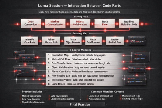 Diagram of Luma Session interaction between code parts with various learning modules and practices.