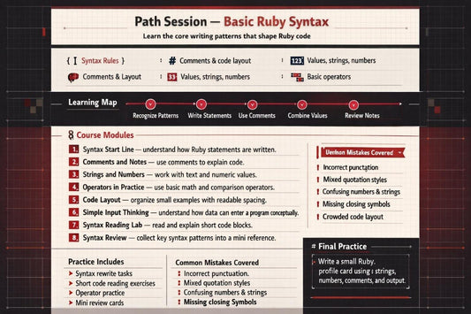Screenshot of a Ruby syntax learning session with text and icons on a dark background