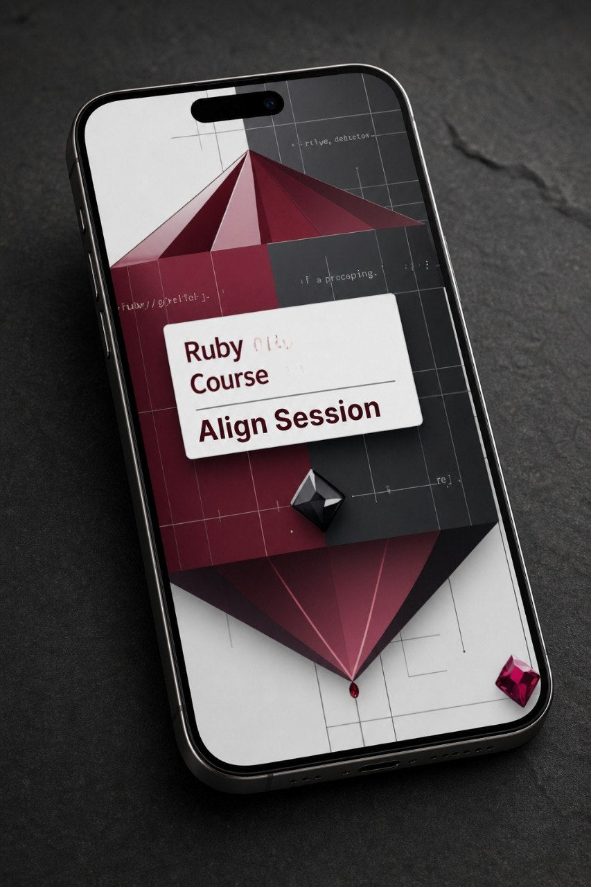 Phone screen displaying a Ruby Course Align Session with geometric design on a dark background