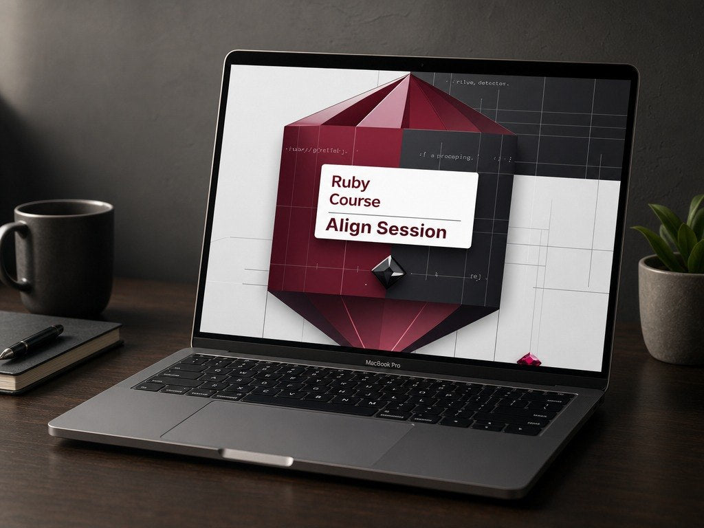 Laptop on a desk with a Ruby Course Align Session screen, surrounded by a mug, notebook, pen, and plant.