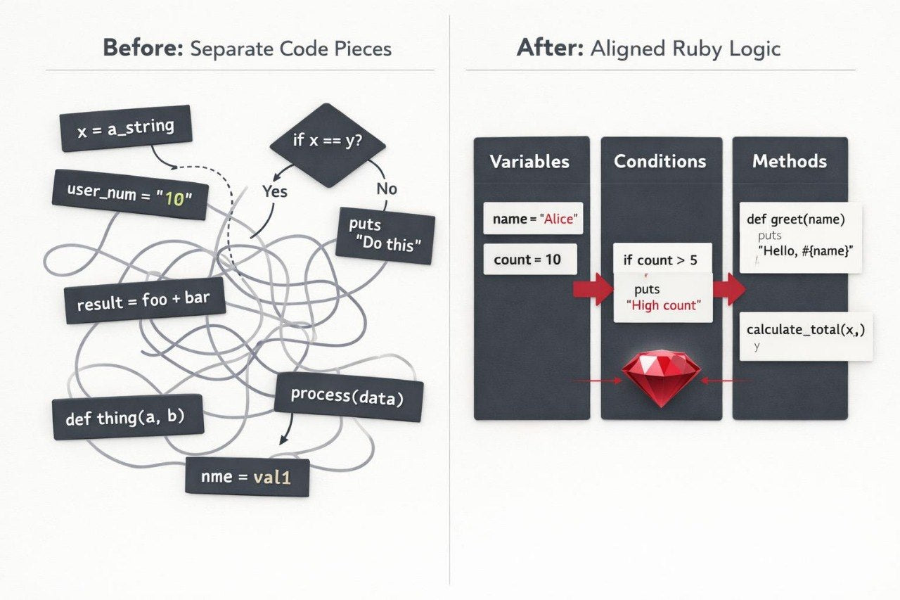Comparison of separate code pieces before and aligned Ruby logic after, with a red ruby gem in the center.