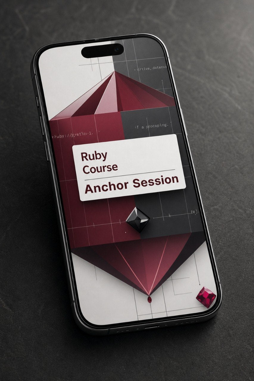 Phone case with Ruby Course Anchor Session design on a dark surface