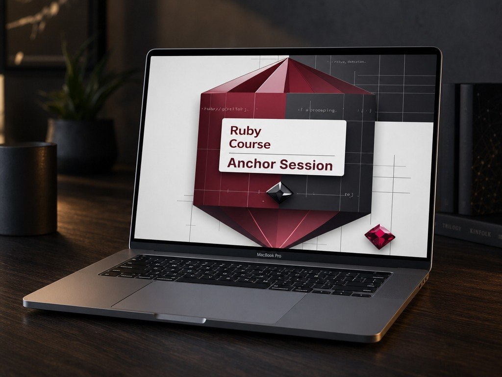 Laptop displaying a Ruby Course Anchor Session on a dark surface with a blurred background
