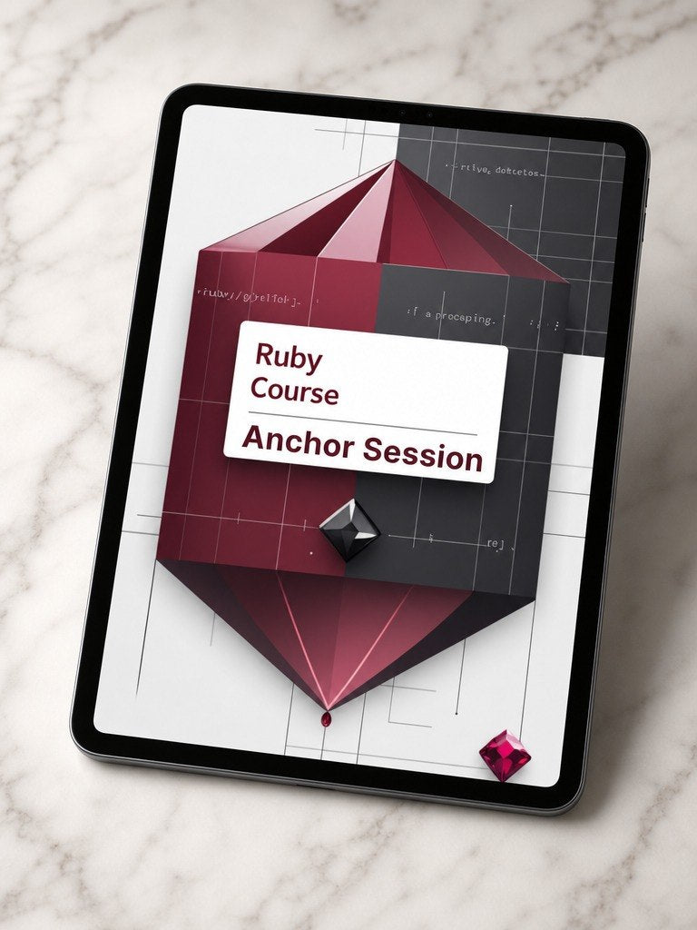 Digital product packaging for a Ruby Course Anchor Session on a tablet screen.