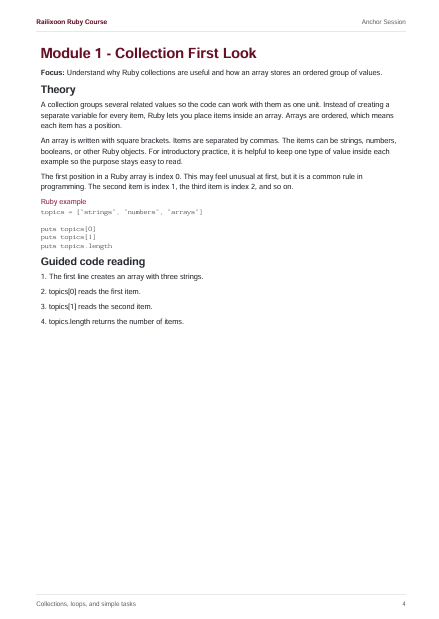 A page from a Ruby course document titled 'Module 1 - Collection First Look' with text explaining Ruby collections, arrays, and indexing, plus a small code example.