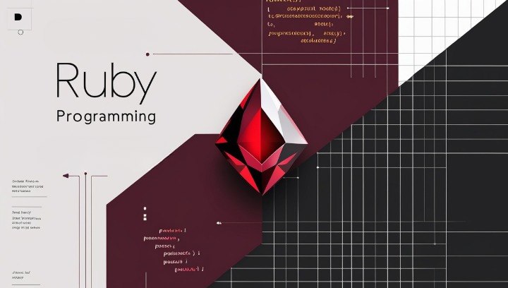 Ruby programming language text with geometric design elements on a grid background