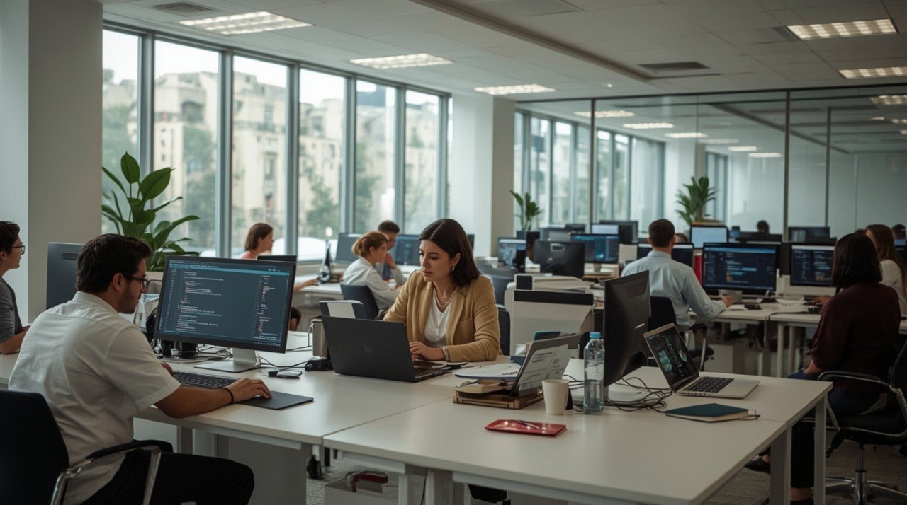 People working at desks in a modern office with large windows