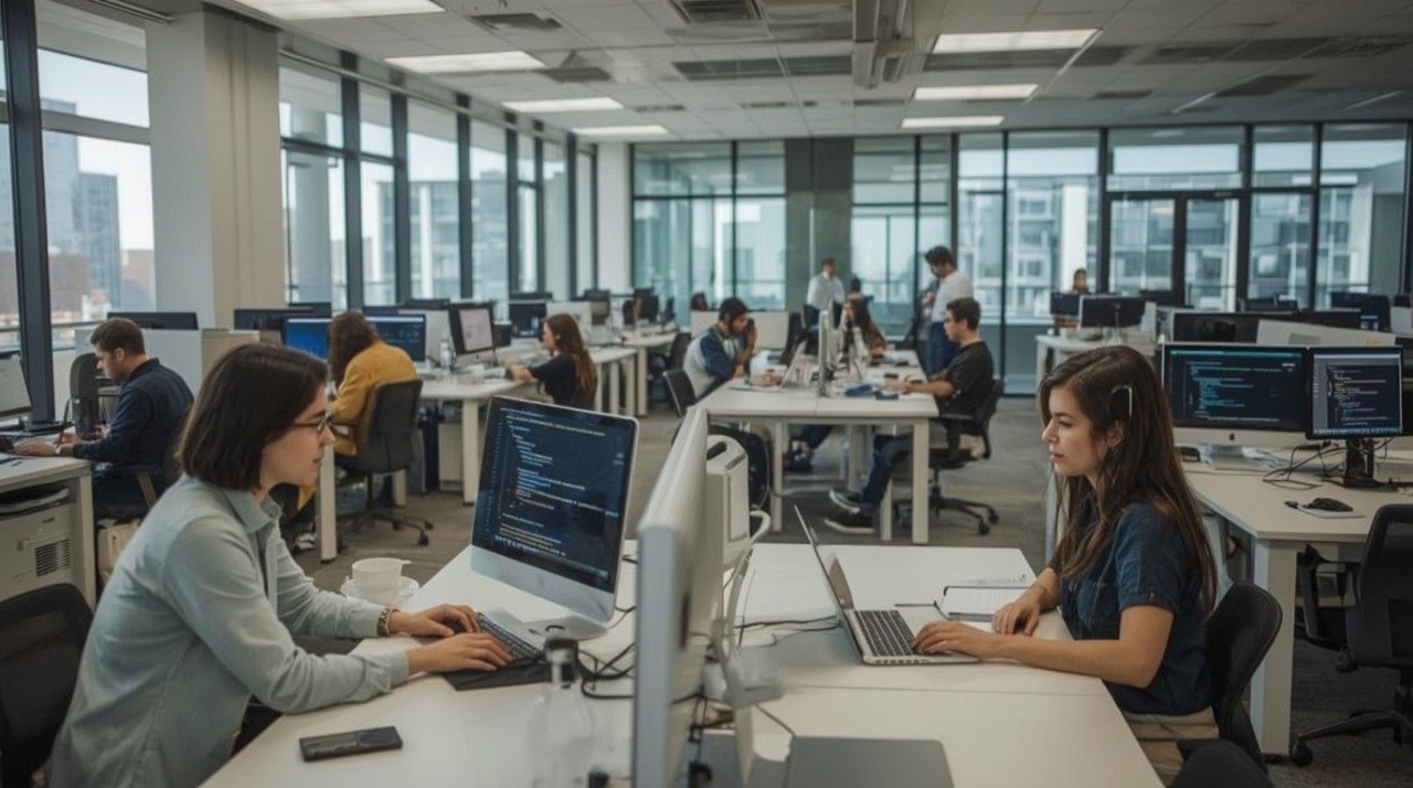 People working at desks with computers in a modern office with large windows.