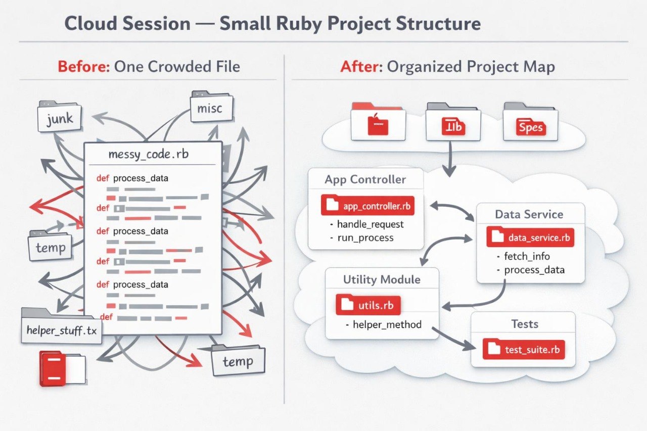 Comparison of small Ruby project structure before and after organization, with labeled files and directories.