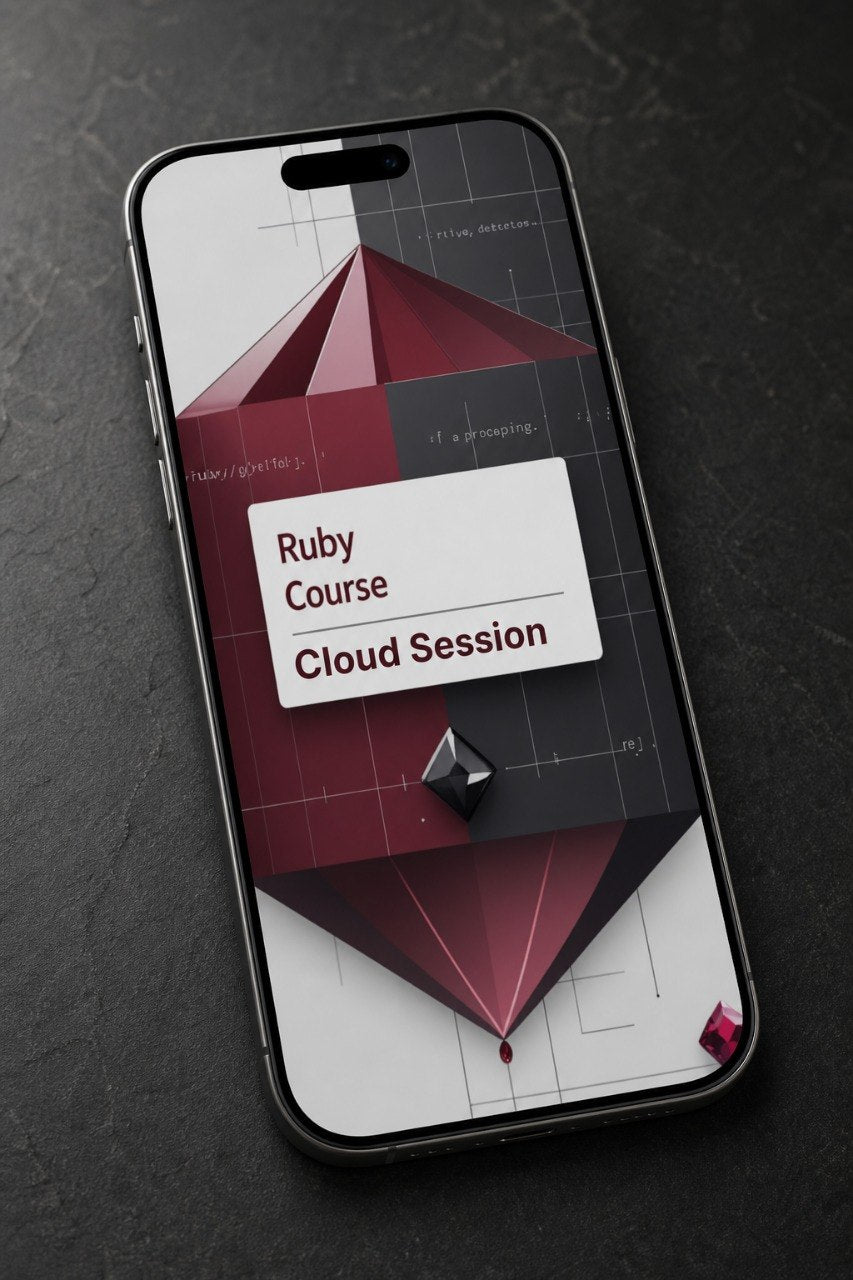 Phone displaying a Ruby Course Cloud Session app on a dark textured background