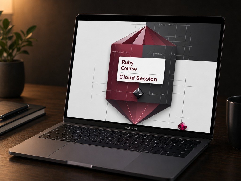 Laptop on a desk with a Ruby Course Cloud Session presentation displayed on the screen.