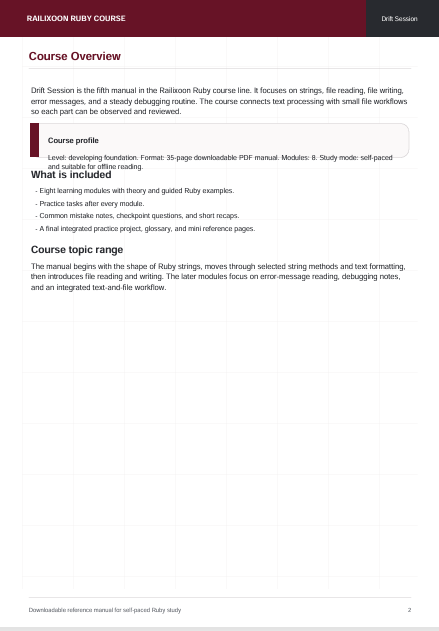 A digital preview page of a study guide or manual titled 'Railroad Ruby Course' with a Course Overview section, listed on a white background with a dark header bar.