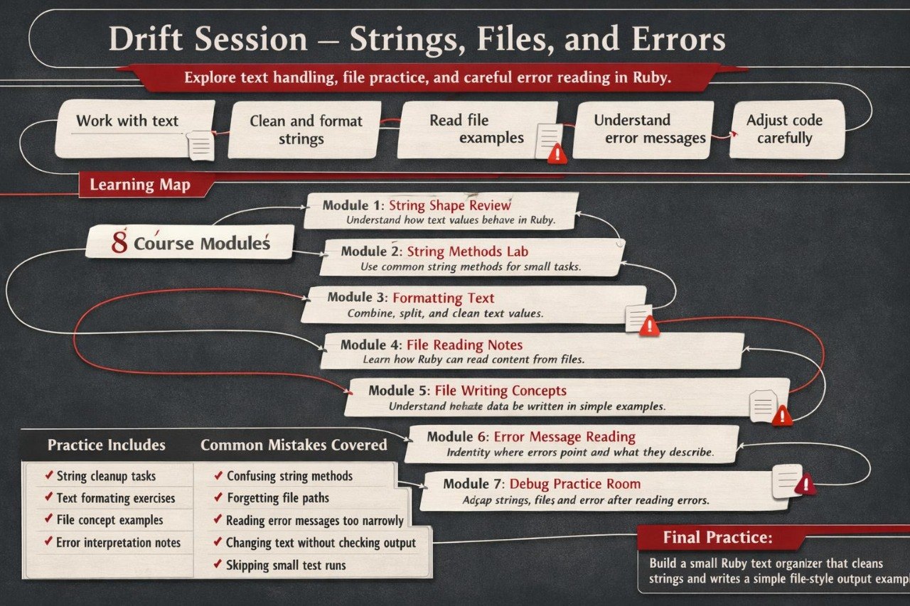 Course outline for 'Drift Session - Strings, Files, and Errors' in Ruby with text handling and file reading practices.