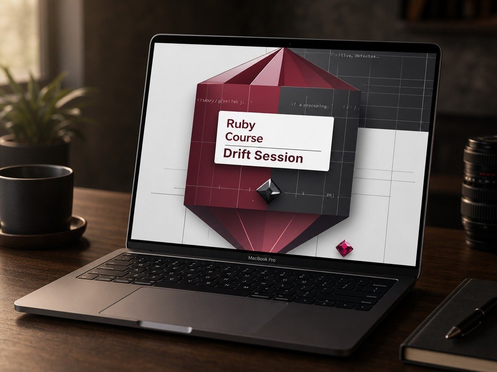 Laptop on a desk with a Ruby Course Drift Session graphic on the screen