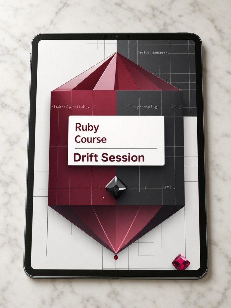 Digital mockup of a Ruby Course Drift Session book cover on a tablet with a white marble background
