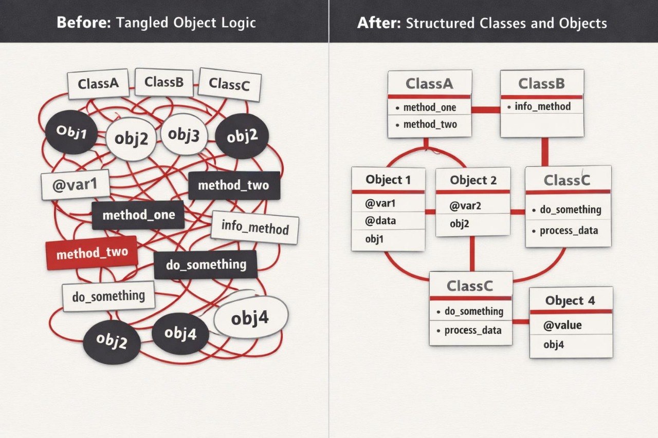 Comparison of tangled object logic to structured classes and objects with diagrams and labels.