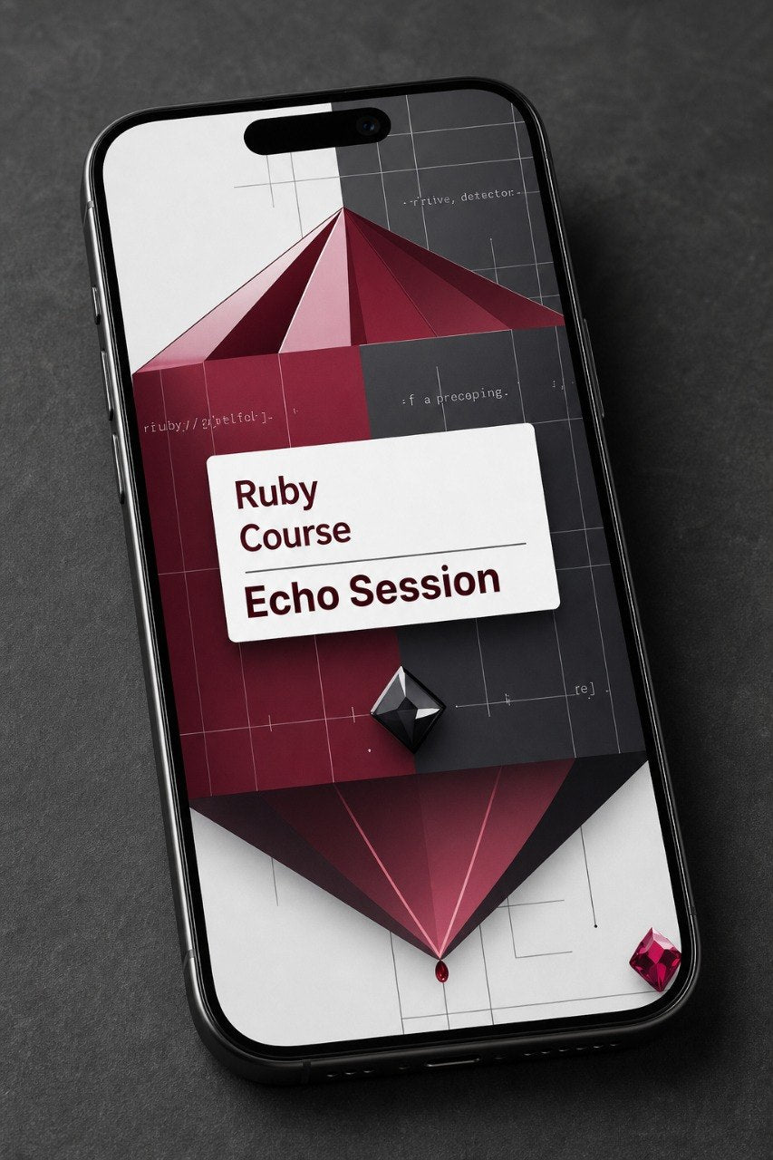 Phone case with geometric design and text 'Ruby Course Echo Session' on a dark background