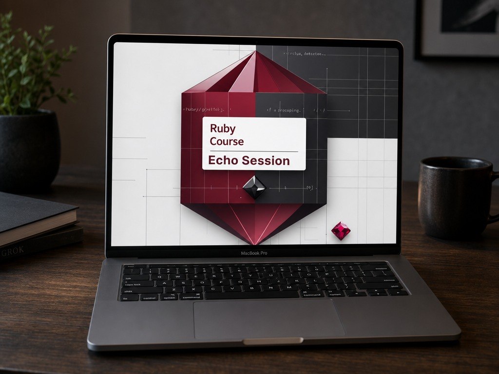Laptop displaying a Ruby Course Echo Session on a wooden desk with a plant and mug in the background.