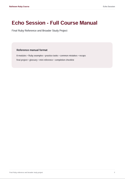 A digital cover page for the 'Echo Session - Full Course Manual' by Railsoon Ruby Course, featuring a clean white background with dark red and black text and a light gray information box.