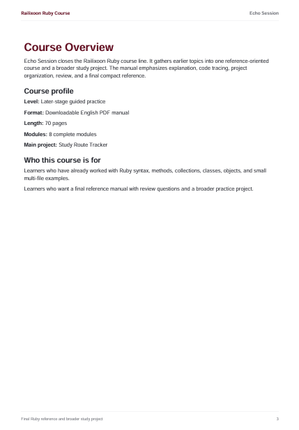 A printed or digital page titled 'Railsion Ruby Course' with sections including 'Course Overview' and 'Who this course is for', written in black text on a white page.