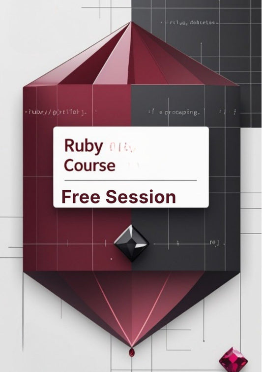 Promotional graphic for a free Ruby course session with geometric shapes and text.
