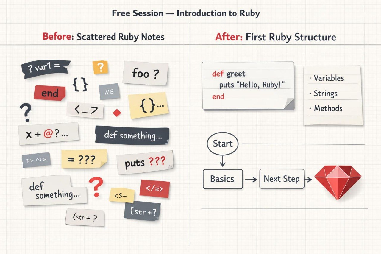 Comparison of scattered Ruby notes before and first Ruby structure after, with a red gemstone icon.
