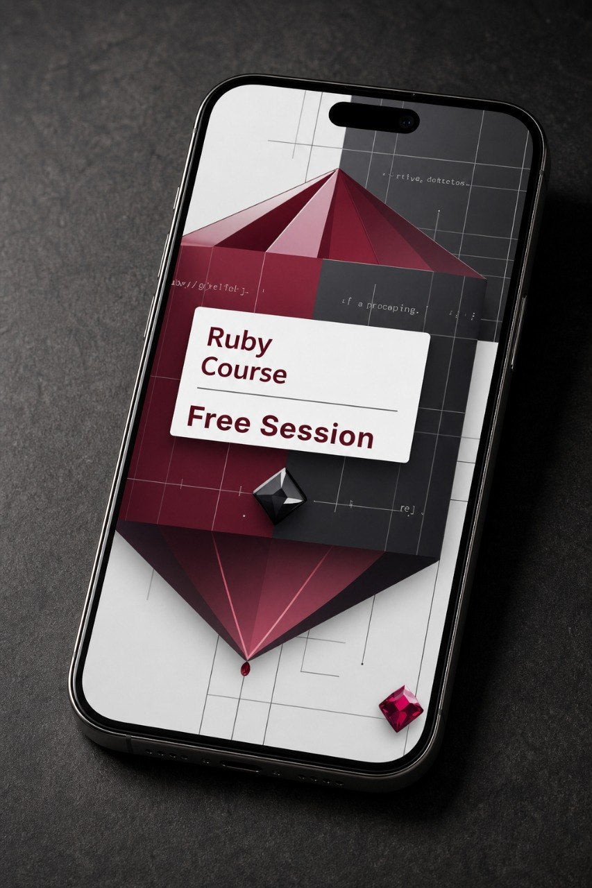 Phone displaying a Ruby Course free session advertisement on a dark textured background