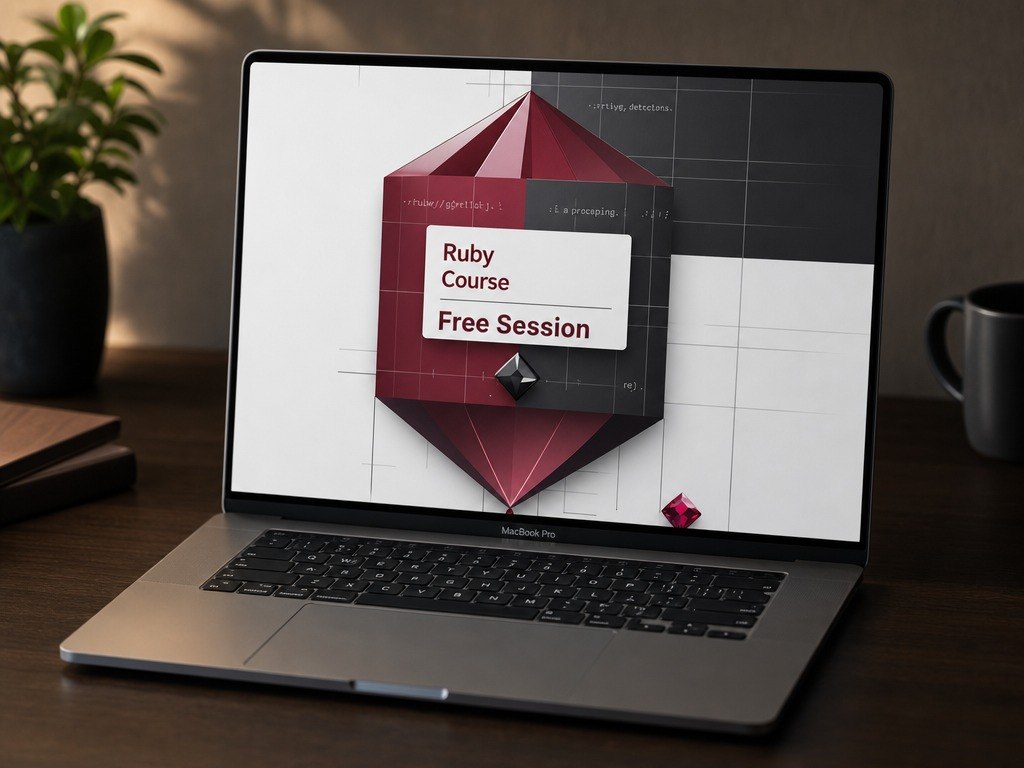 Laptop on a desk with a Ruby Course free session advertisement on the screen