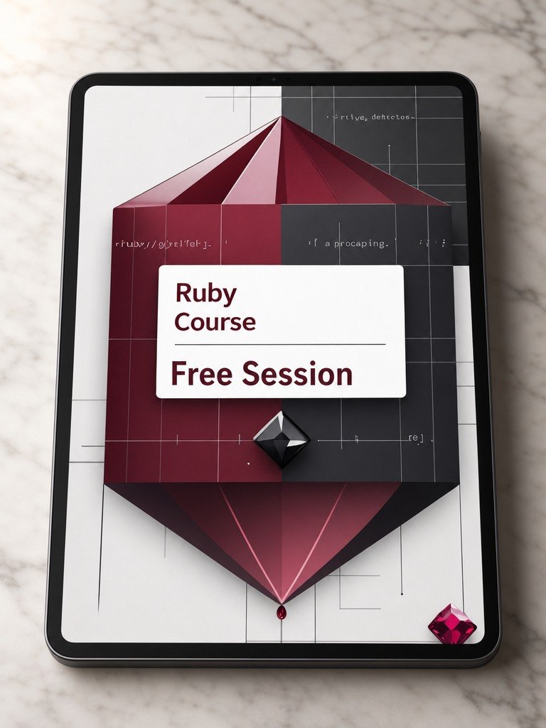 Promotional graphic for a Ruby course free session on a tablet screen.