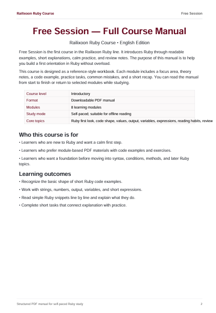 A scanned page from a free session full course manual for Rails on Ruby on Rails, showing text, a table, and learning outcomes on a white page.