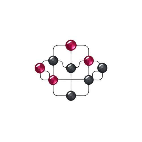 Geometric design with red and black spheres on a white background