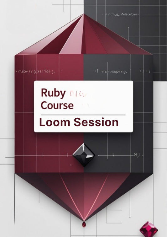 Promotional graphic for a Ruby course loom session with geometric shapes and text.