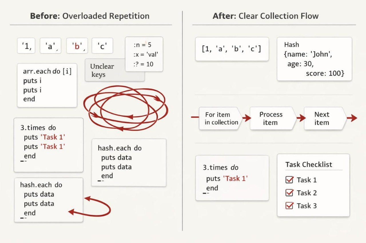 Comparison of overloaded repetition and clear collection flow with text and diagrams.