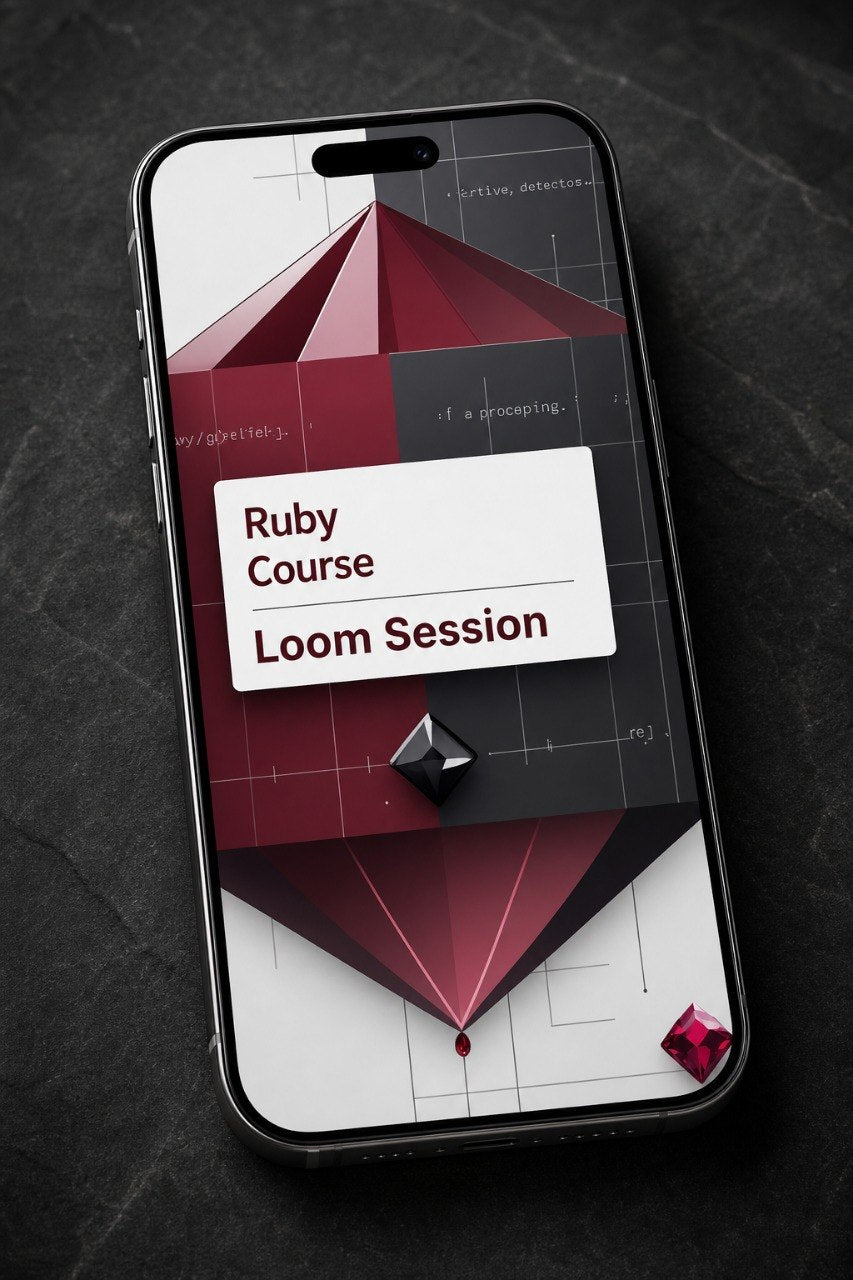 Phone displaying a Ruby Course Loom Session app interface on a dark textured background