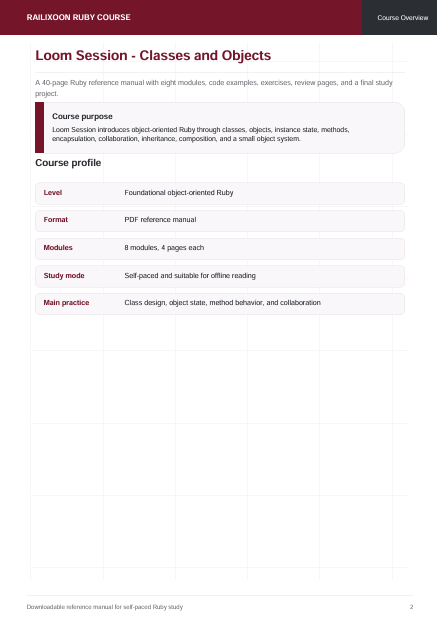 A digital document page titled 'Loom Session - Classes and Objects' from a Railsjon Ruby Course, outlining course purpose, format, modules, study mode, and main practice details in a clean table layout.