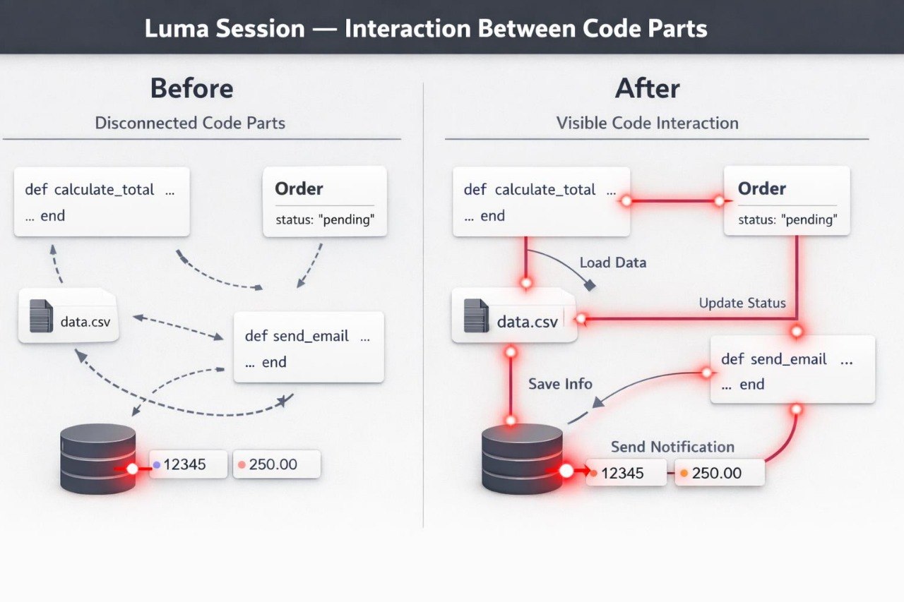 Diagram showing interaction between code parts before and after integration