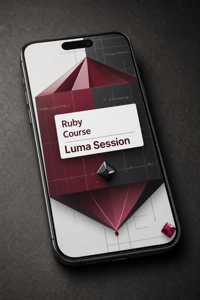 Phone displaying a Ruby Course Lum Session app icon on a dark background