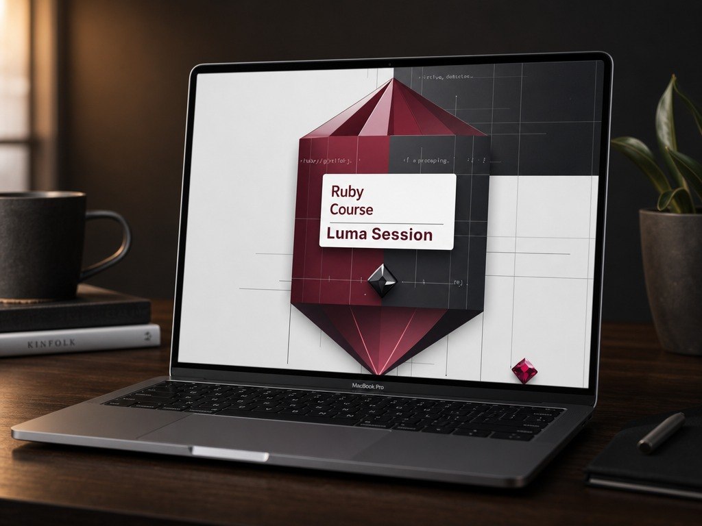 Laptop on a desk with a Ruby Course Lumina Session presentation displayed on the screen.