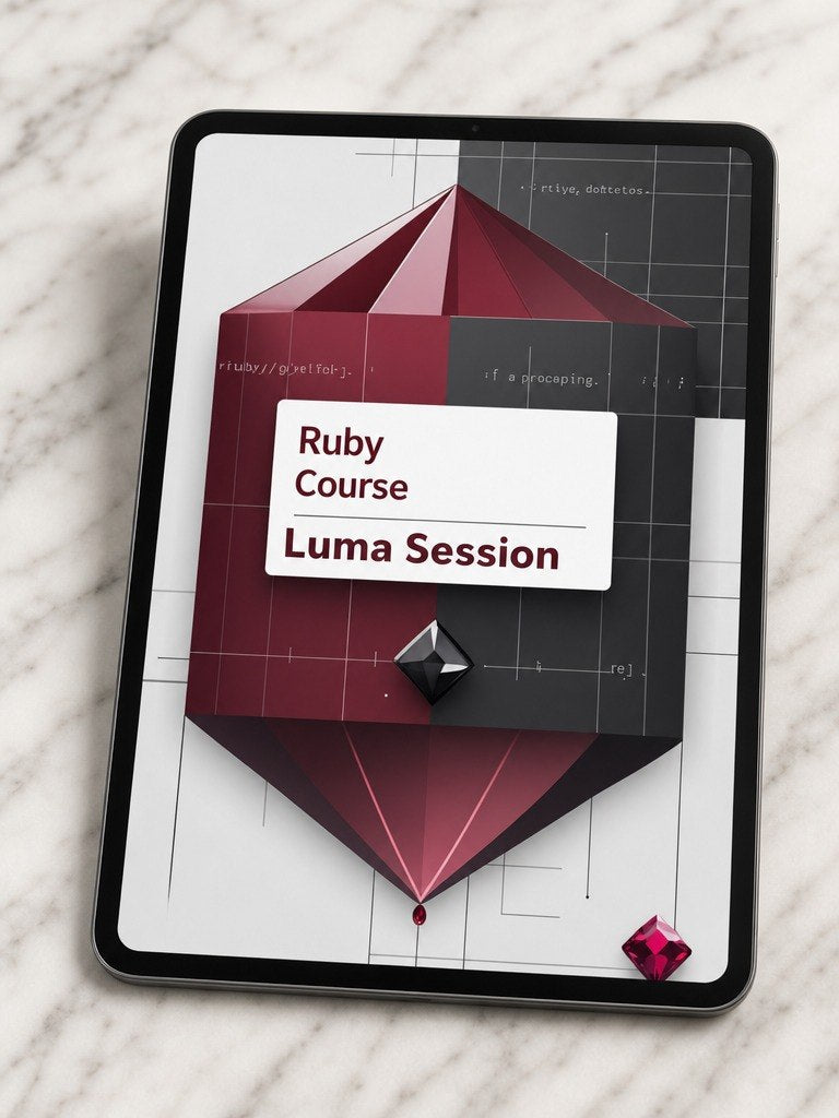Tablet displaying a Ruby Course Luma Session on a textured surface