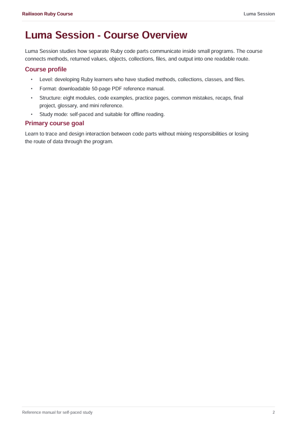 A page from a Ruby coding course manual titled 'Luma Session - Course Overview' with text describing course objectives, course profile, and primary course goal on a white background.