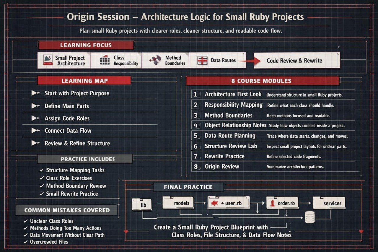 Diagram of architecture logic for small Ruby projects with various modules and practices.