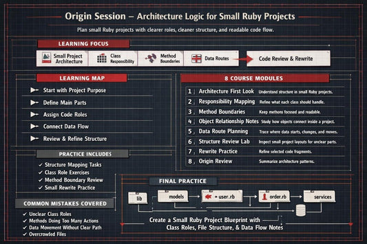 Diagram of architecture logic for small Ruby projects with various modules and practices.