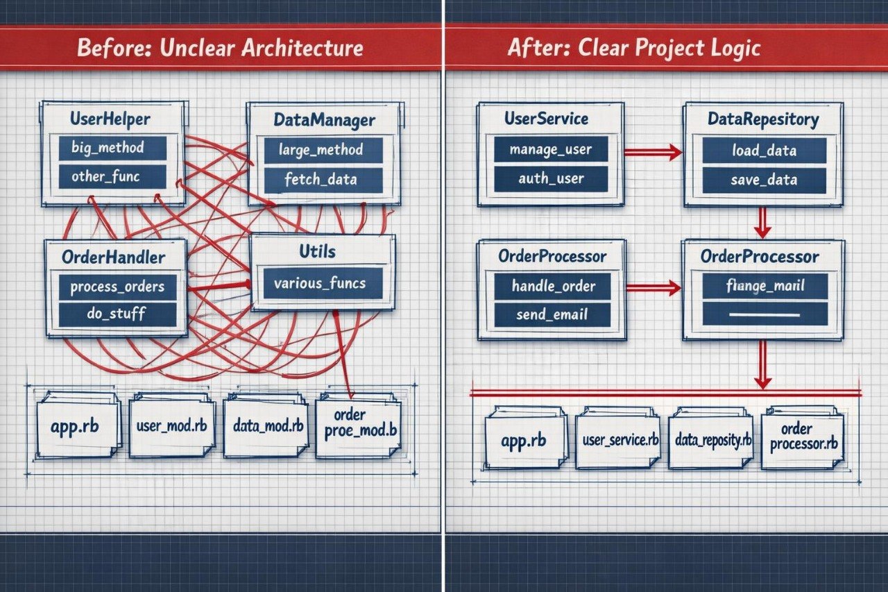 Comparison of unclear project architecture on the left and clear project logic on the right.