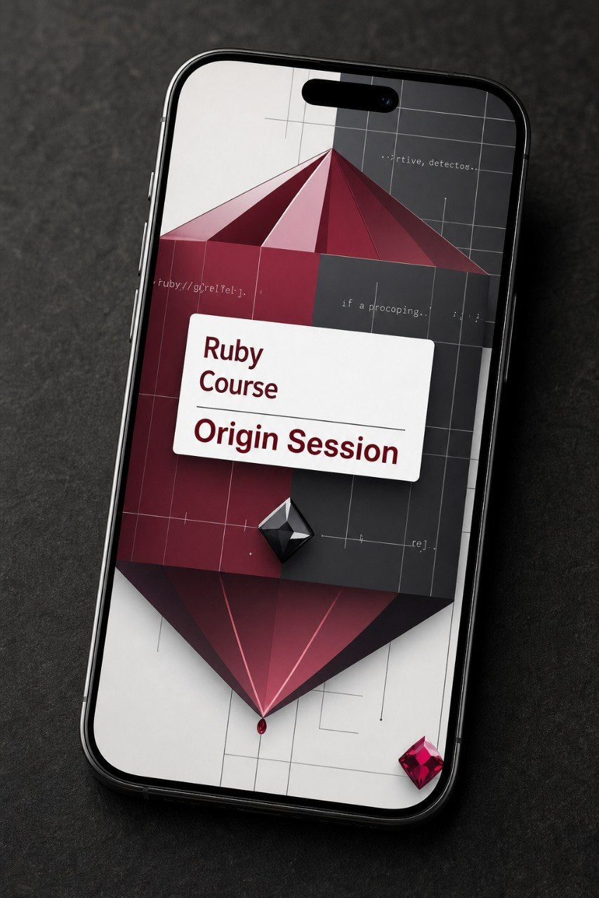 Phone displaying a Ruby Course Origin Session graphic on a dark background