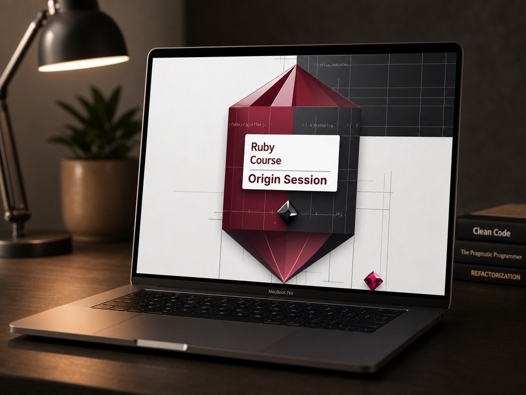 Laptop on a desk with a Ruby Course Origin Session graphic on the screen