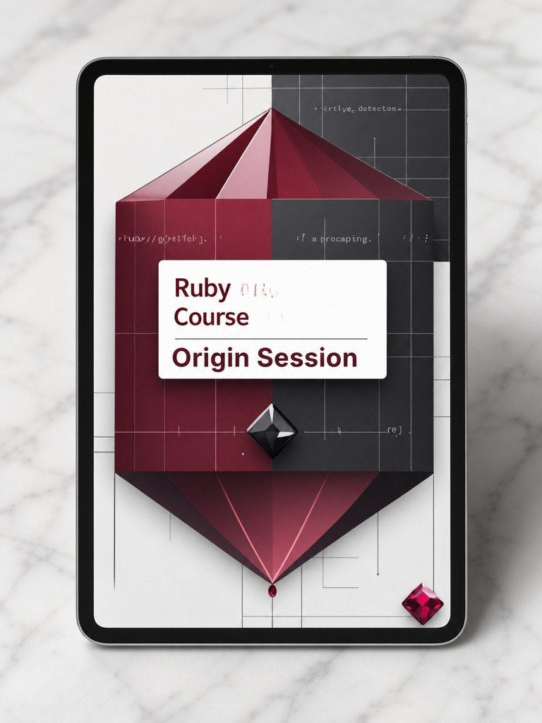 Digital product packaging for a Ruby course with a geometric design on a marble surface