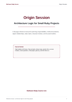 A document cover page titled 'Origin Session: Architecture Logic for Small Ruby Projects' from Ballaston Ruby Course Line, with a white background and black text.